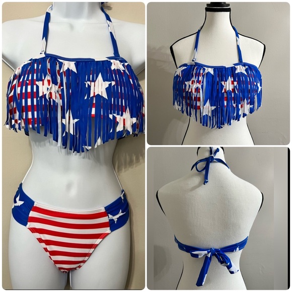 American Flag Fringe Halter Bandeau Stars Stripes Bikini Set - Picture 1 of 13